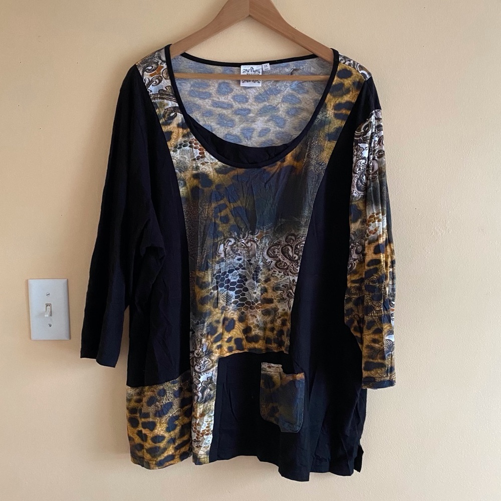 Parsley & Sage 3X Leopard Paisley Patchwork Tunic Top Stretch Boho Artsy Office - Picture 2 of 15
